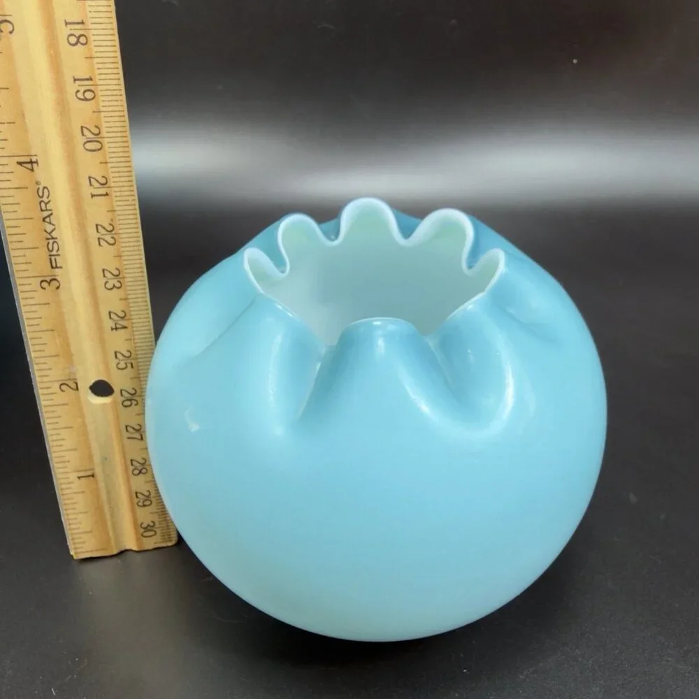 Antique Aqua‎ Cased Glass Rose Bow Blue Ombre Dish Bowl Crimped Trinket Holder